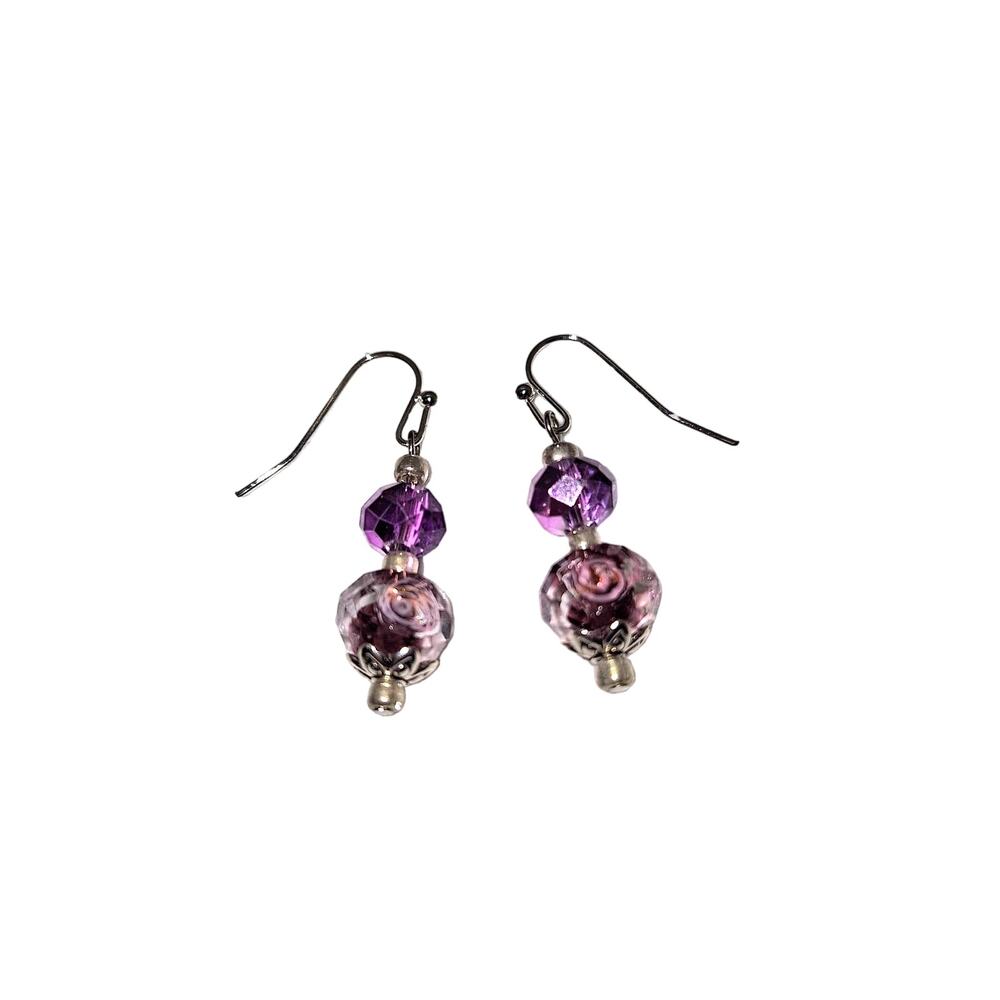 Purple Drop Earrings Iridescent Beads and Rose Beads Silver Tone HLandmade